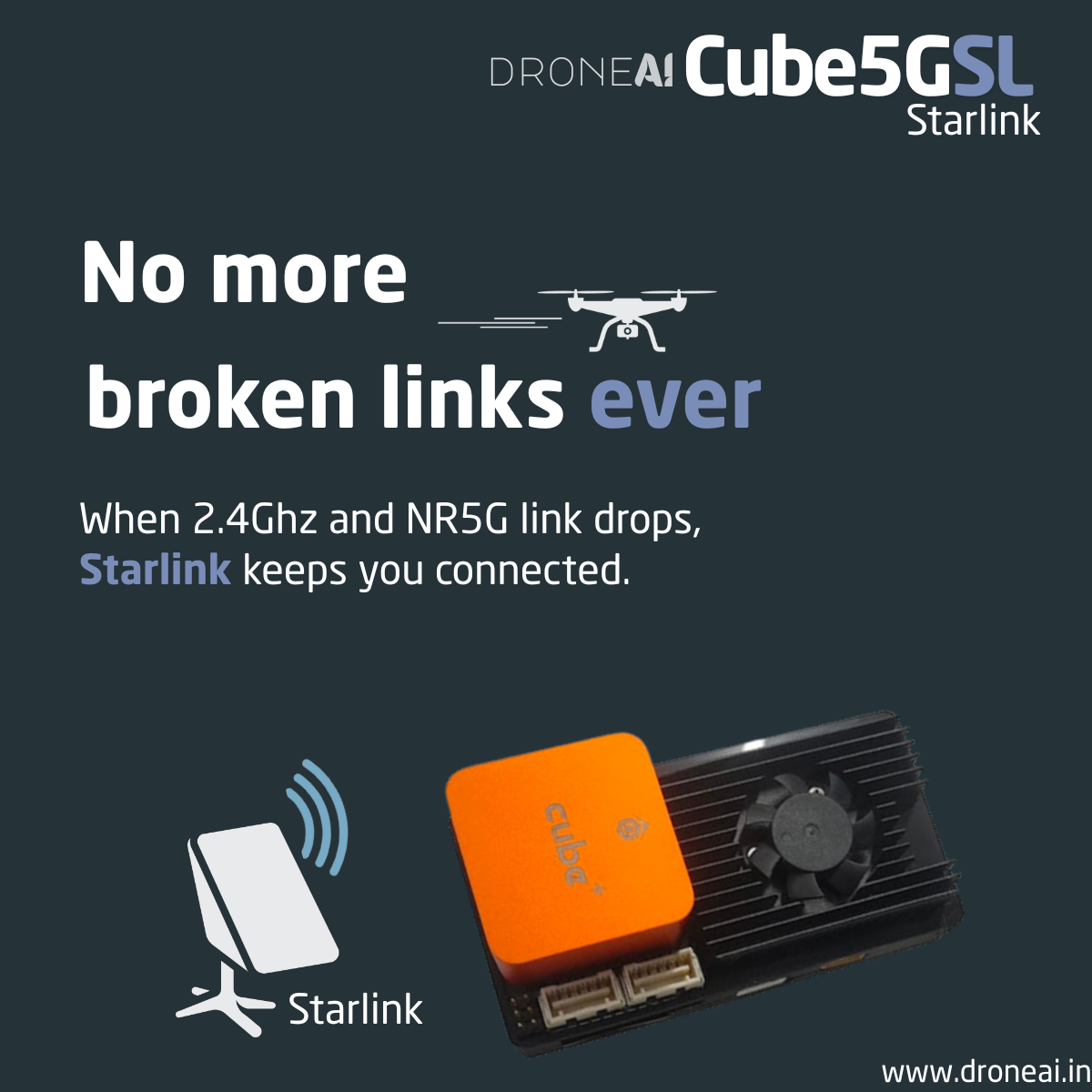 DroneAI Cube 5G SL — no more broken links ever: when the 2.4 GHz and NR 5G links drop, Starlink keeps you connected