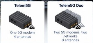 Telem5G with one 5G modem and 4 antennas; Telem5G Duo with two 5G modems on two networks and 8 antennas